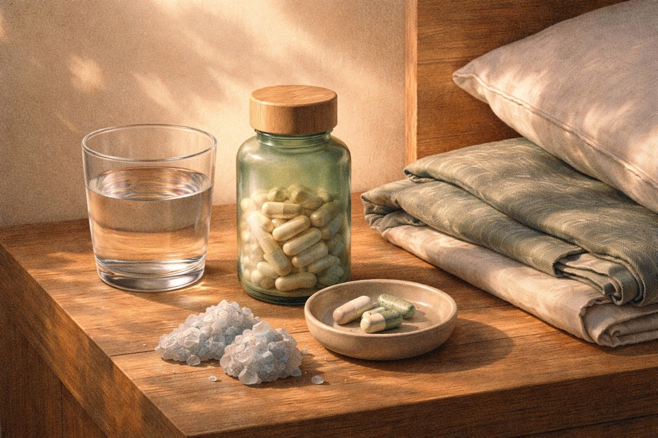 Generated editorial image of a calm evening supplement routine on a bedside table