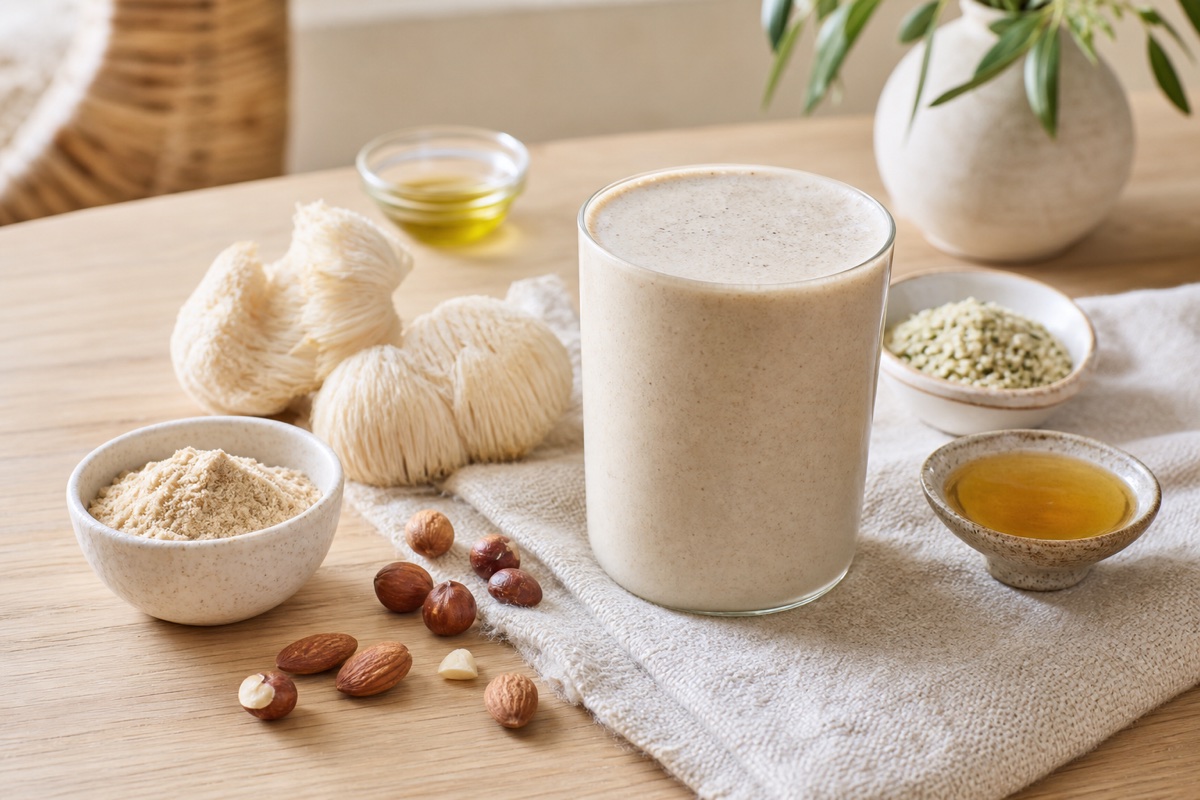 Creamy vegan morning shake with hazelnuts, almonds, hemp seeds, lion's mane mushroom, linseed oil, and olive oil on a light wood table