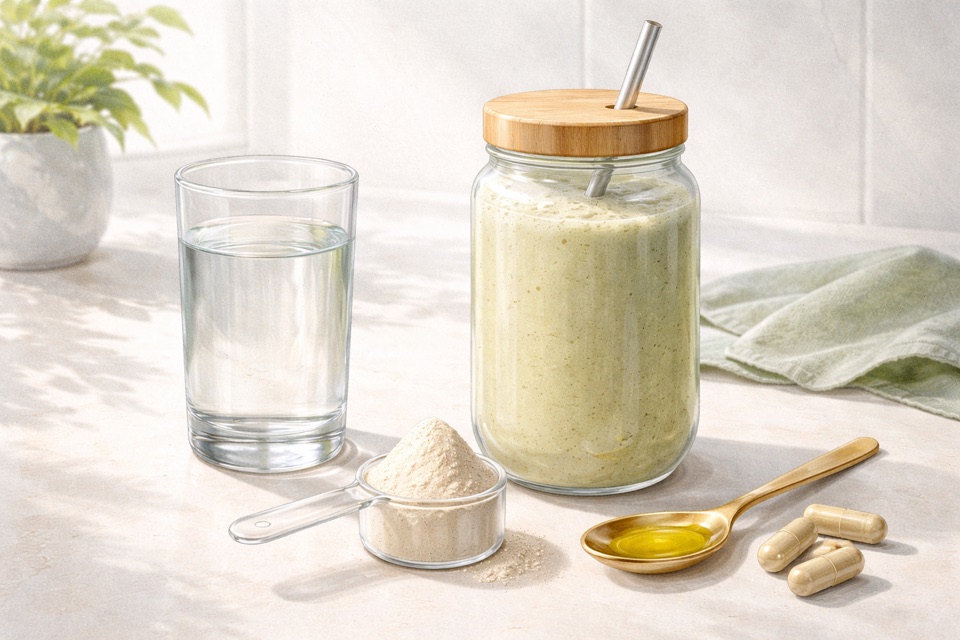 Generated editorial image of a morning supplement routine with a shake, water, olive oil, and capsules