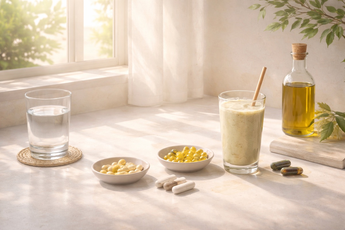 Generated editorial image of a daily supplement routine with water, a shake, olive oil, and supplement capsules